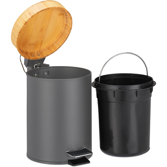 Relaxdays Mülleimer Bad, 3 l, Kosmetikeimer mit Absenkautomatik, Bambusdeckel, entnehmbarer Inneneimer, Treteimer, (Grau)