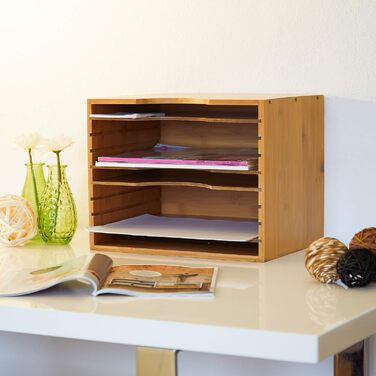 Relaxdays Briefablage aus Bambus HBT: ca. 26 x 33 x 24,5 cm Ablagesystem für den Schreibtisch Dokumentenablage mit 4 variablen Einlegeböden Papierablage aus Holz für Briefe und Unterlagen, natur