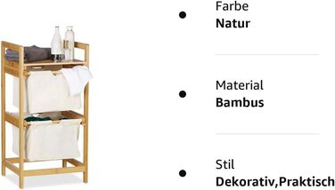 Relaxdays Wäschekorb Bambus, Wäschesortierer mit Ablage, 2 Schubladen, ausziehbar & tragbar, Wäschesammler 25 L, Natur, 1 Stück