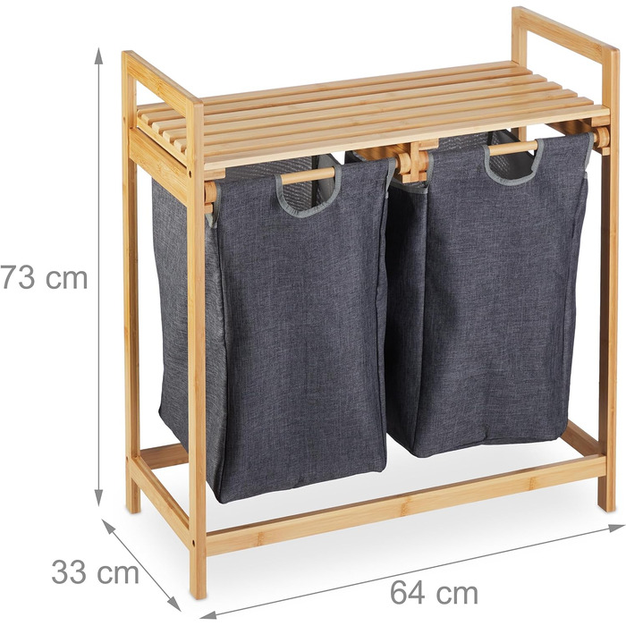Relaxdays Wäschekorb Bambus, 2 Fächer, ausziehbar, 60L, Natur, 1 Stück (Grau)