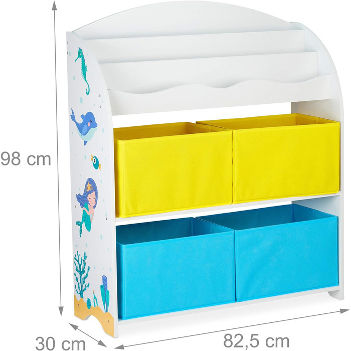 Relaxdays Kinderregal, 4 Boxen, Meerjungfrau Motiv, Spielzeug Aufbewahrung, Kinderzimmer HxBxT 98 x 82,5 x 30 cm, bunt