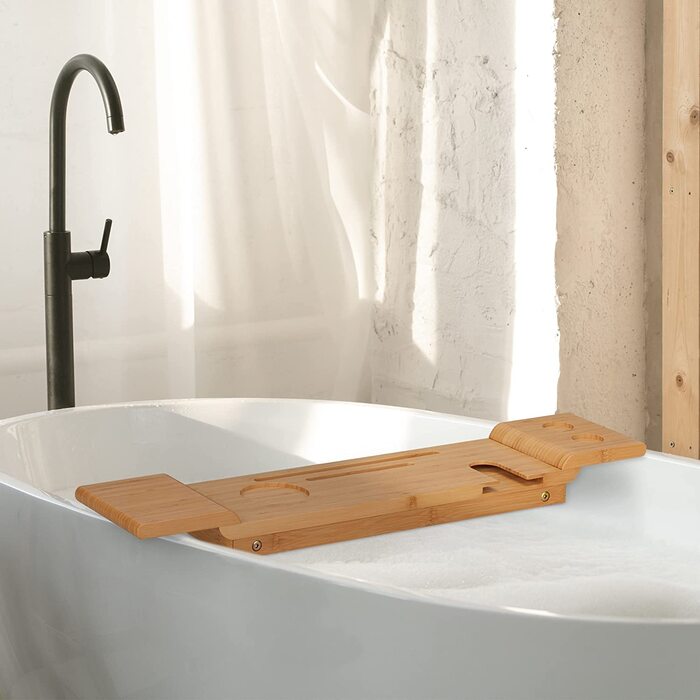 Relaxdays Badewannenablage Bambus, 70cm breit, Badetablett für Glas, Handy, Tablet, Badewannenbrett zum Einhängen, Natur
