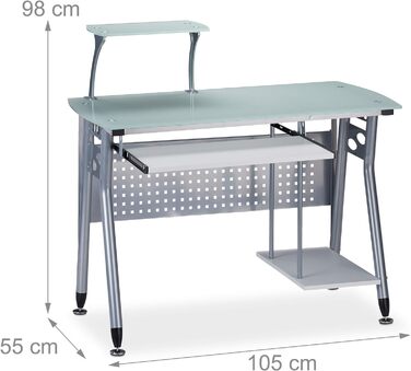 Relaxdays Computertisch, Glas, Tastaturauszug, Rechnerfach, 98x105x55 cm, modern, weiß, PB, Metall