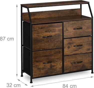 Relaxdays Kommode, 5 Schubladen, 2 Ablagen, Industrial, 87x84x32 cm, braun/schwarz