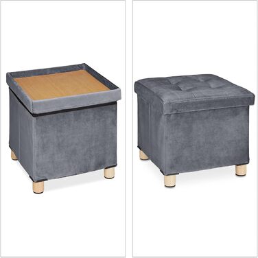 Relaxdays Samthocker mit Stauraum, Tablett, Holzbeine, eckig, HBT: 35x38x38 cm, Holz (Hellgrau)