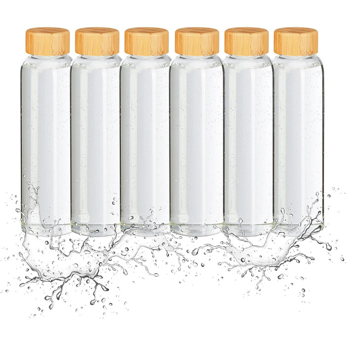 Relaxdays Trinkflasche mit Bambusdeckel, 6er Set, 500 ml, Wasserflasche mit Hülle, Borosilikatglas, transparent/schwarz 6er Set Transparent/ Schwarz