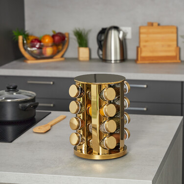 Relaxdays Goldenes Gewürzkarussell mit 16 Gläsern