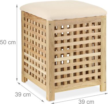 Relaxdays Wäschekorb mit Sitz, Walnussholz, Stoff, HxBxT: 50 x 39 x 39 cm, 45 l Wäschebox, Badhocker mit Stauraum, Natur