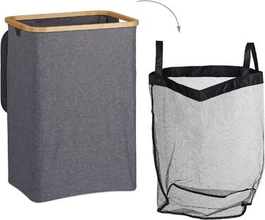 Relaxdays Wäschekorb mit Deckel, 130 l, Wäschesammler Bambus & Polyester, tragbar, atmungsaktiver Wäschesack,  90 10, (66 x 45 x 36.5 cm, Grau/Natur)