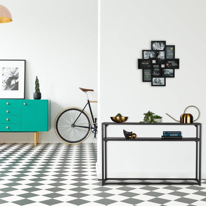 Relaxdays Konsolentisch, 2 Ablagen, Metall & MDF, platzsparend, schmal, 70x110x30 cm, schwarz