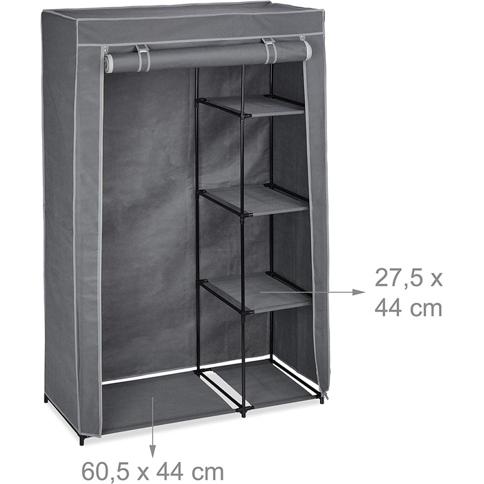 Relaxdays Stoffschrank mit Kleiderstange & 5 Ablagen, Faltschrank mit Reißverschluss, HBT: 161x105,5x45cm, anthrazit