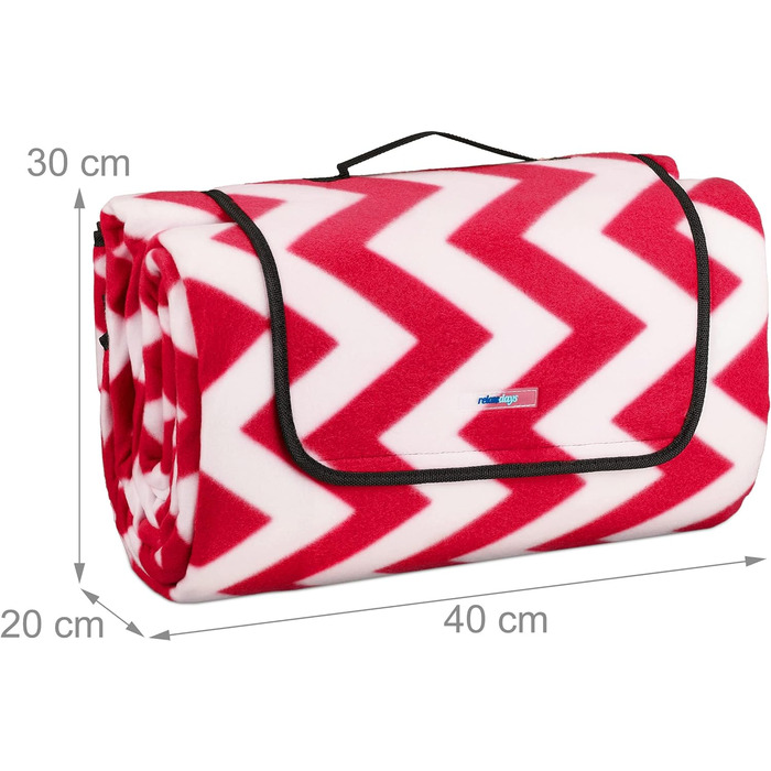 Relaxdays XXL Picknickdecke, 200x300 cm, isolierte Unterseite, Tragegriff, Fleece Stranddecke, Zickzack, weich, rot/weiß