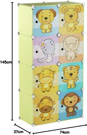 Relaxdays Kinderregal mit Tiermotiv, Kunststoff Steckregal m. Türen, Kinderzimmer Kleiderschrank m. Kleiderstange, bunt, 37 x 74 x 145 cm