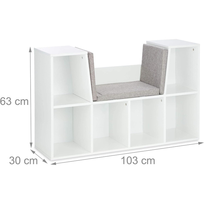 Relaxdays Bücherregal mit Sitzkissen, Kinderregal mit 6 Fächern, 63x103x30 cm, gepolstert, Sitzbank Kinderzimmer, weiß