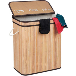 Relaxdays Wäschesortierer, Bambus, 3 Fächer, je 30 Liter, Wäschekorb mit Deckel, Griffe, HxBxT: 63 x 55 x 35 cm, weiß