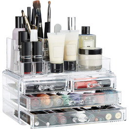 Relaxdays 1 x Make Up Organizer mit 4 Schubladen, Kosmetik Halter Nagellack u. Lippenstift, Acryl Make Up Kit, transparent