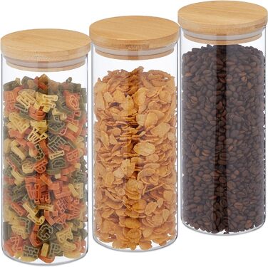 Relaxdays Glasdosen, 3er Set, 1350 ml, luftdicht, transparent/natur