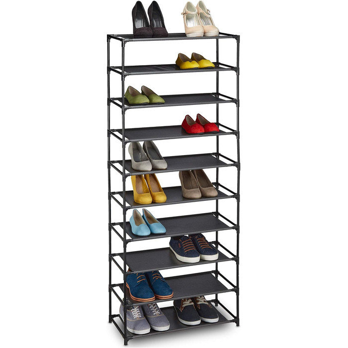 Relaxdays, schwarz Stoff Schuhregal Stecksystem, 10 Ebenen, für 30 Paar Schuhe, Schuhständer hoch HxBxT 150 x 62 x 28 cm, 1 Stück
