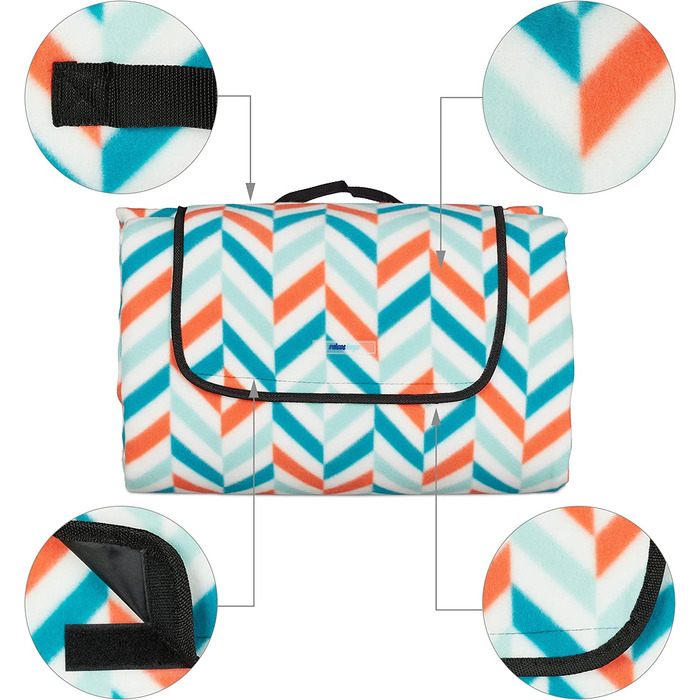 Relaxdays XXL Picknickdecke, 200x300 cm, isoliert, wasserdicht, weiche Fleece Stranddecke, Tragegriff, Zickzack, bunt
