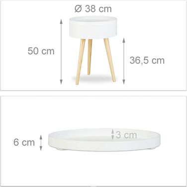 Relaxdays Beistelltisch rund skandinavisches Design, 70er, Nachttisch mit Tablett, Staufach, HxBxT: 50x38x38 cm, weiß Single