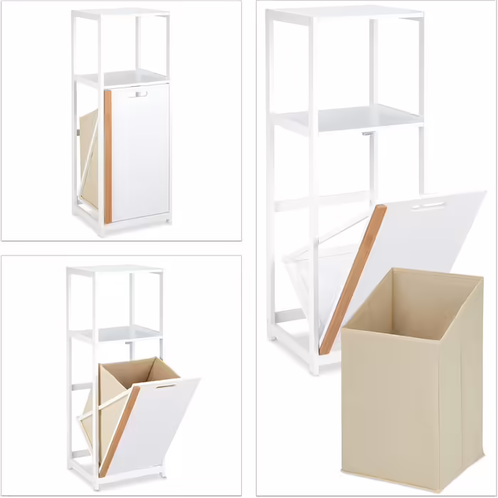 Relaxdays Badregal mit Wäschekorb, 2 Ablagen, kippbar, MDF & Bambus, 98x36x30 cm, weiß/natur