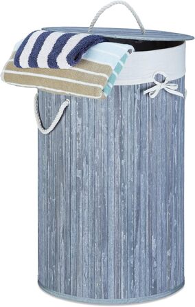 Relaxdays Wäschekorb Bambus, faltbar, mit Deckel, 70 l, Wäschesack Baumwolle, rund Ø 41 cm, Grau