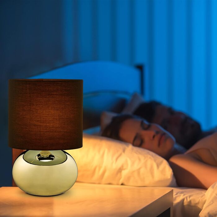 Relaxdays Tischlampe, runde Nachttischlampe mit Touch, HxD: 27,5 x 18 cm, E14, Tischleuchte mit Stoffschirm, (Gold/Schwarz)