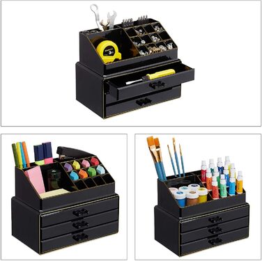 Relaxdays Make Up Organizer klein, 2-teilige Schminkaufbewahrung mit Schubladen, stapelbares Kosmetikregal, schwarz/Gold, 1 Stück