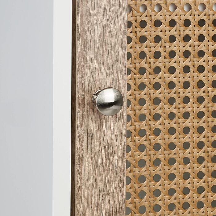 Relaxdays Badezimmerschrank, 3 Fächer, 96,5x30x30 cm, schmal, Rattan-Tür, weiß/Natur