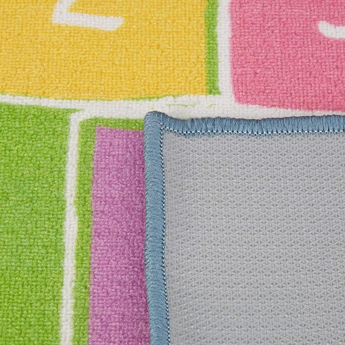 Relaxdays Kinderteppich Hüpfspiel, 180 x 70 cm, 10 Hüpfkästchen, Kurzflor, gummierte Unterseite, Spielteppich, bunt, 1 Stück