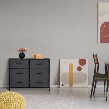 Relaxdays Kommode, 63x80x30 cm, Metall & Holzoptik, 6 Stoff-Schubladen, Moderne Beistellkommode, Mehrfarbig