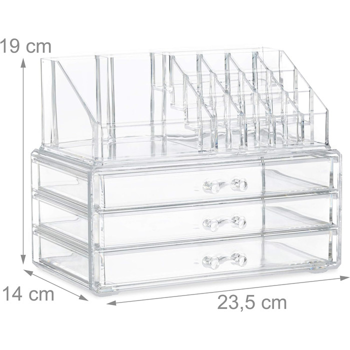 Relaxdays  x Make Up Organizer klein, 2-teilige Schminkaufbewahrung mit 3 Schubladen, stapelbares Kosmetikregal,    9 x 23.5 x 4 cm (1, Transparent, 19 x 23.5 x 14 cm)