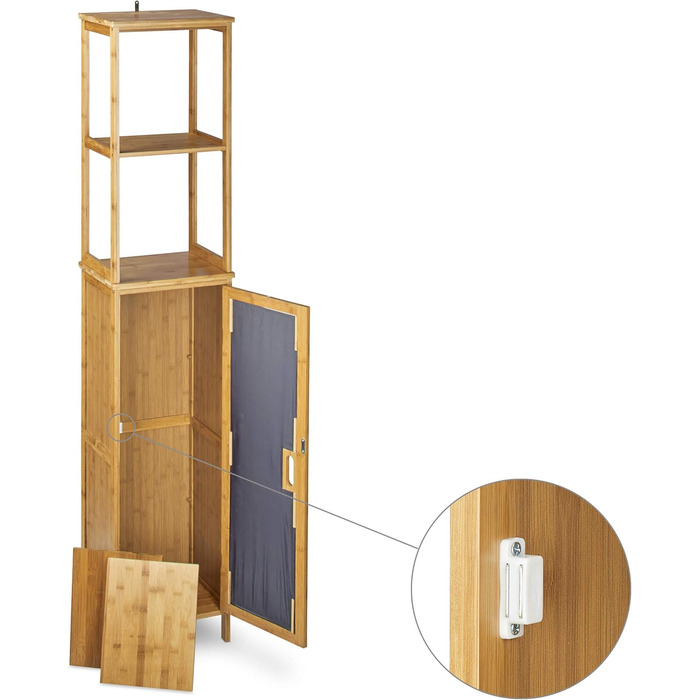 Relaxdays Badregal Bambus, 5 Ablagen, HxBxT: 170x33,5x28 cm, mit Schranktür, stehend, natur