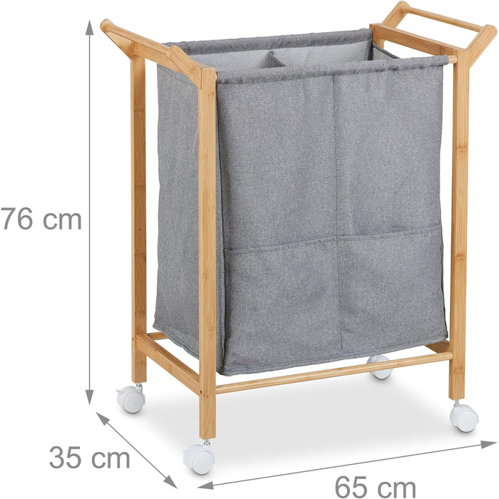 Relaxdays Wäschekorb, 2 Fächer, 80 l, auf Rollen, Bambus & Stoff, 76x65x35 cm, natur/grau