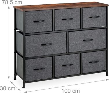 Relaxdays Kommode Industrial, 78,5x100x30 cm, 8 Schubladen, Stoff/Metall, Holzoptik, Sideboard, grau/braun