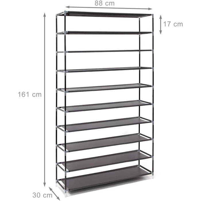 Relaxdays Schuhschrank Valentin, 161x88x30 cm, 10 Ablagen, Stoffbezug, staubfreie Lagerung, 45 Paar Schuhe, Schwarz