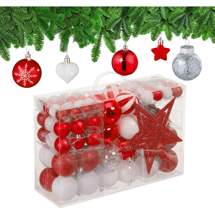 Relaxdays Weihnachtskugeln 101er Set, Kunststoff, Baumdeko mit Kugeln & Spitze, rosa/weiß (Rot)