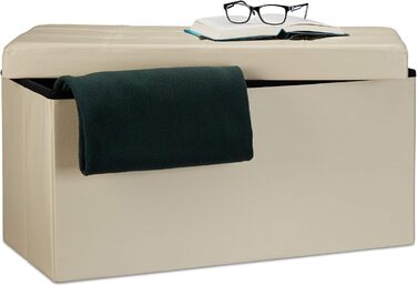 Relaxdays Faltbare Sitzbank 2-Sitzer mit Stauraum, Kunstleder, 300 kg belastbar, Creme