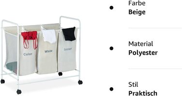 Relaxdays Wäschesortierer, 3 beschriftete Fächer, Rollen zum Feststellen, Volumen 100 Liter, HxBxT 76 x 80 x 46cm, beige, 1 Stück