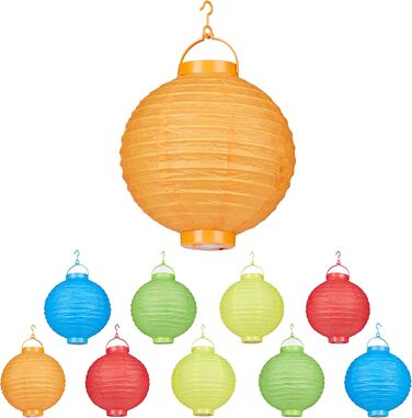 Relaxdays LED Lampions, 10 Stk, batteriebetrieben, Ø 20cm, für drinnen & draußen, mehrfarbig