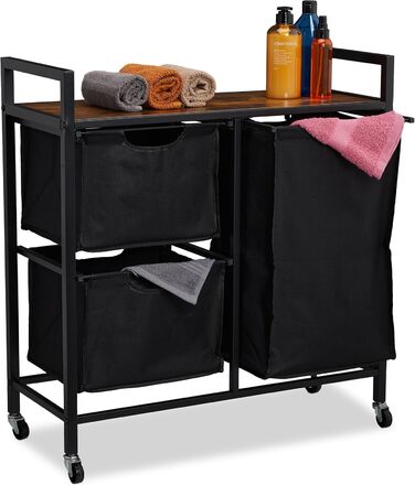 Relaxdays Wäschekorbregal, 3 Fächer, rollbar, Wäschesammler, Industrial Design, schwarz/braun