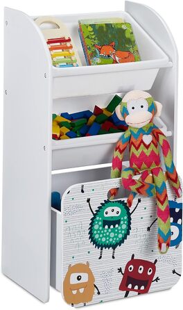 Relaxdays Kinderregal mit 3 Boxen, Monster-Motiv, Kiste mit Rollen, HBT: 80,5x42,5x30 cm, schmales Spielzeugregal, weiß, 10037514_0