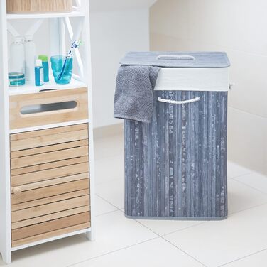 Wäschekorb Bambus, mit Deckel, XL, 83 L, faltbar, 65,5x43,5x33,5 cm, blau (Grau, Creme, 2)