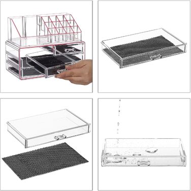 Relaxdays Make Up Organizer Acryl, 2-teilige Schminkaufbewahrung mit Lippenstifthalter und 4 Schubladen,  19 x 24 x 13.5 cm (Transparent/Pink)
