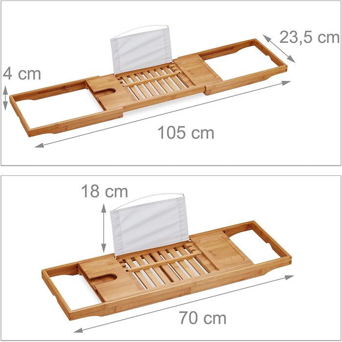 Relaxdays XL Badewannenablage, mit Buchstütze & für Tablet, Luxus Badewannenbrett, Bambus, ausziehbar 70-105 cm, Natur, 1 Stü