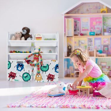 Relaxdays Kinderregal mit 6 Boxen, Monster-Design, 2 Kisten mit Rollen, HBT: 80,5x82,5x30 cm, Regal für Spielzeug, weiß, 10037512_0