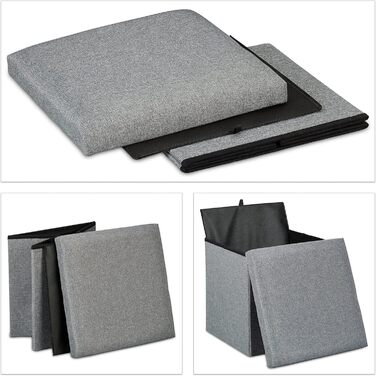 Relaxdays Sitzhocker mit Stauraum, faltbar, gepolstert, 37x37,5x37,5 cm, 1 Stück, Grau