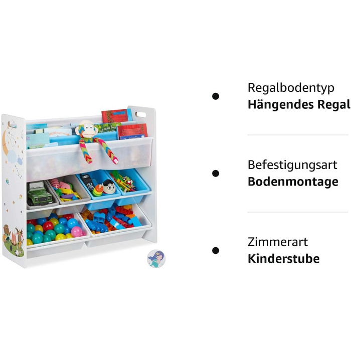 Relaxdays Kinderregal, 6 Boxen, 4 Stofffächer, Lagerfeuer Kindermotiv, Spielzeugregal HxBxT: 78 x 86 x 26,5 cm, bunt, 1 Stück