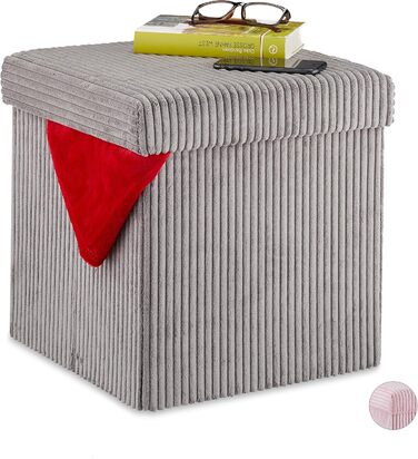 Relaxdays faltbarer Sitzwürfel mit Stauraum, Kordsamt, 38x38x38 cm, Grau