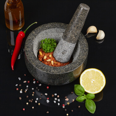Relaxdays Granit Mörser mit Stößel 16 cm
